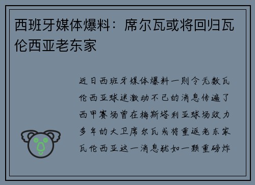 西班牙媒体爆料：席尔瓦或将回归瓦伦西亚老东家